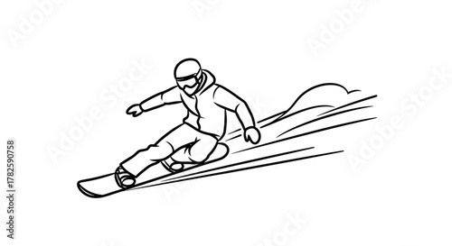 A black and white line drawing of a snowboarder in action, carving down a snowy slope.
