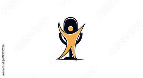 A dynamic golden human figure with outstretched arms in front of a dark microphone, symbolizing communication, podcasting, and public speaking.