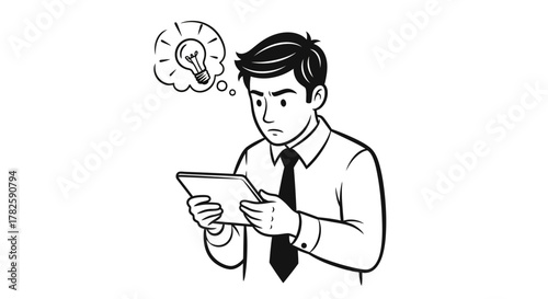A businessman has a creative idea, symbolized by a lightbulb, while using a digital tablet.