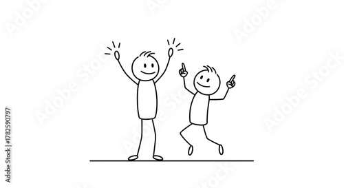 Two stick figures celebrating with raised arms and sparkling lights above their heads, conveying joy and excitement.