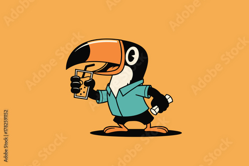 Cartoon toucan character in a blue shirt holding a small rectang