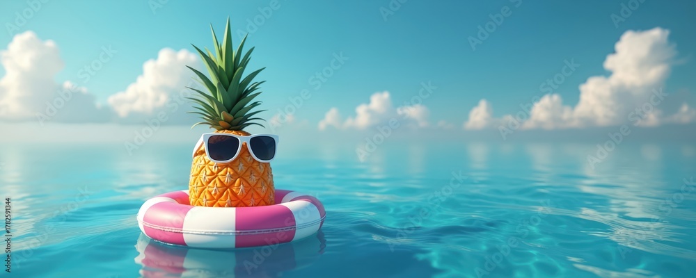 Fototapeta premium Funny pineapple wearing sunglasses floats on water with life ring. Bright sunlit day, calm ocean surface, fluffy clouds above. Tropical fruit has summer vacation time.