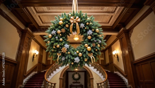 Grand Holiday Entryway with Opulent Wreath and Staircase