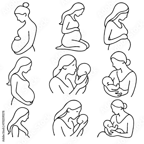 Illustration Pregnant woman silhouettes set, maternity, pregnancy, motherhood concept. Outline Infants Doodle icons drawing, Symbol Mothers with newborns Line art. Moms and Babies Love Collection