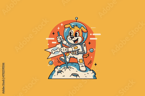 Happy Astronaut Dog Planting Flag on Moon Cartoon Illustration.