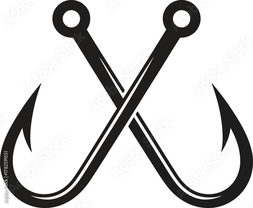 Two crossed fishing hooks symbol icon black and white
