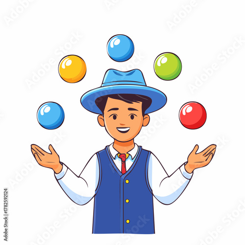 Jeune garçon qui jongle avec des balles colorées, isolé sur fond blanc