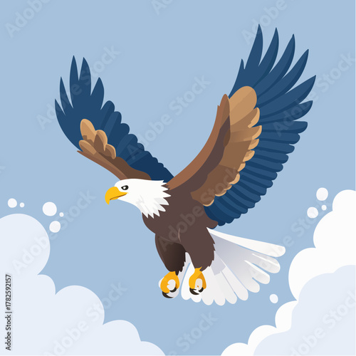Magnifique aigle royal dans le ciel bleu, marron et blanc, bec jaune