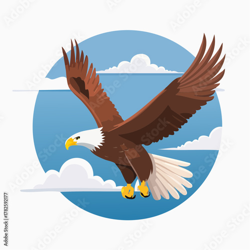 Magnifique aigle royal dans le ciel bleu, marron et blanc, bec jaune