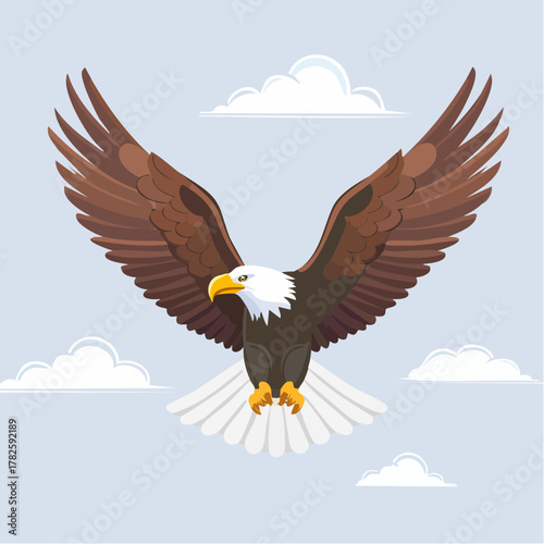 Magnifique aigle royal dans le ciel bleu, marron et blanc, bec jaune