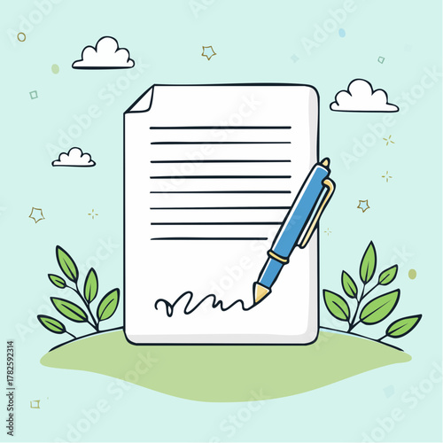 Document signé, remplit, stylo, arrière plan nature ciel bleu