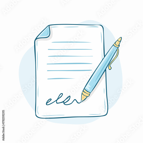 Document papier signé en bas de page, stylo bille, isolé sur fond clair