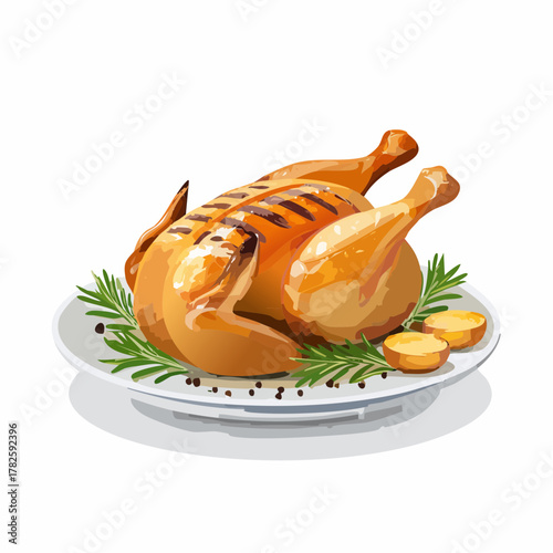 Délicieux poult rôti entier, bien doré, accompagné de  pommes de terre, herbes, isolé sur un fond blanc 