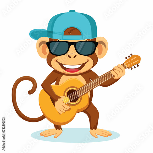 Petit singe amusant qui joue de la guitare classique, porte des lunettes de soleil et une casquette, souriant et joyeux, isolé sur fond blanc