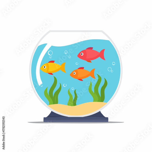 Joli aquarium rond, poissons colorés, algues, isolé sur fond blanc