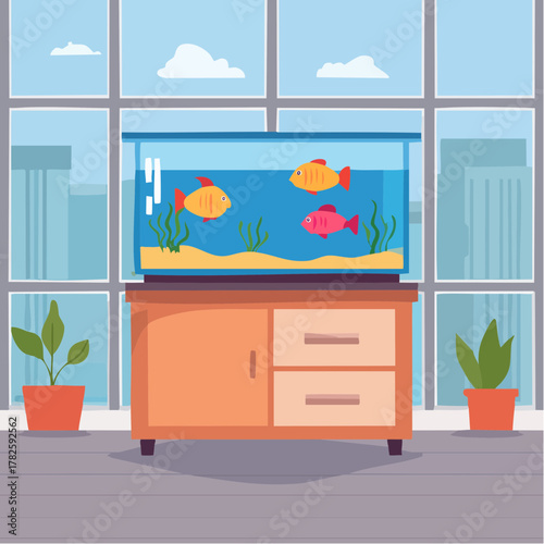 Joli aquarium coloré, à l'intérieur d'un appartement, poissons de couleurs et formes différentes, une baie vitrée en arrière plan