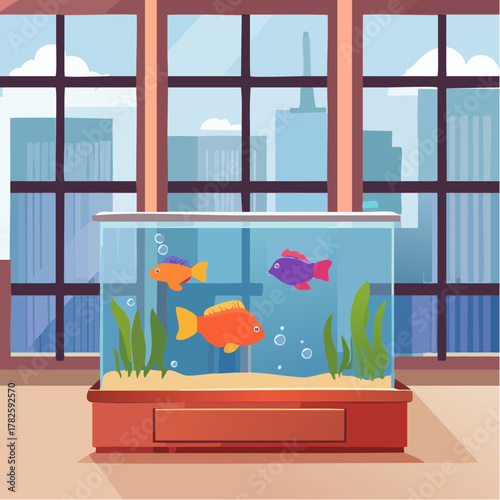 Joli aquarium coloré, à l'intérieur d'un appartement, poissons de couleurs et formes différentes, une baie vitrée en arrière plan