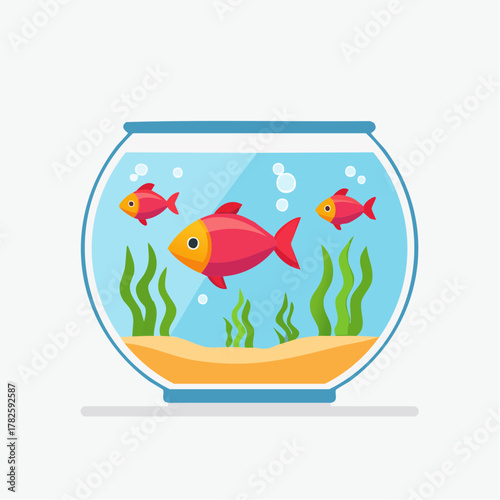 Joli aquarium rond, poissons colorés, algues, isolé sur fond blanc