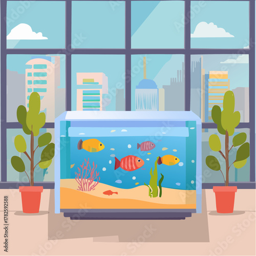 Joli aquarium coloré, à l'intérieur d'un appartement, poissons de couleurs et formes différentes, une baie vitrée en arrière plan