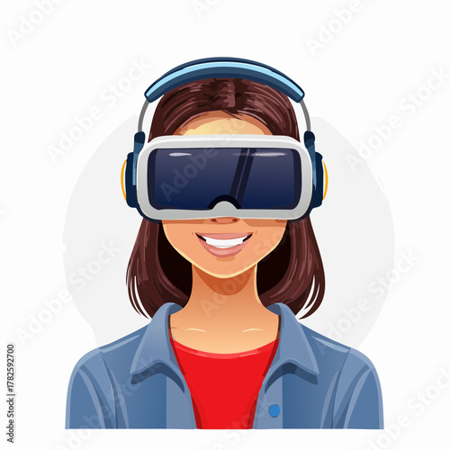 Jeune femme souriante porte un casque de réalité virtuelle sur le visage, isolé sur fond blanc