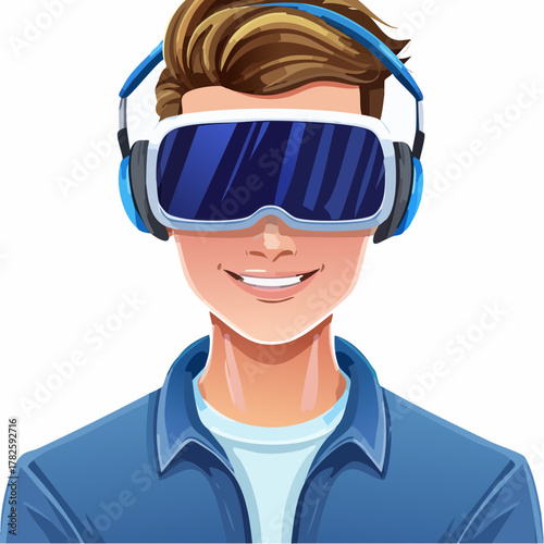 Jeune homme souriant porte un casque de réalité virtuelle sur le visage, isolé sur fond blanc
