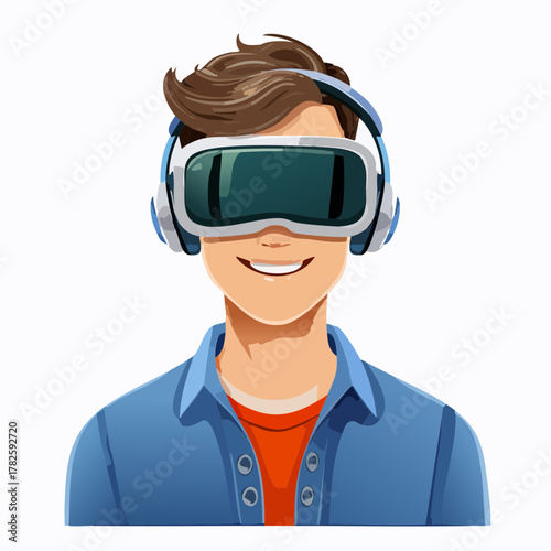 Jeune homme souriant porte un casque de réalité virtuelle sur le visage, isolé sur fond blanc