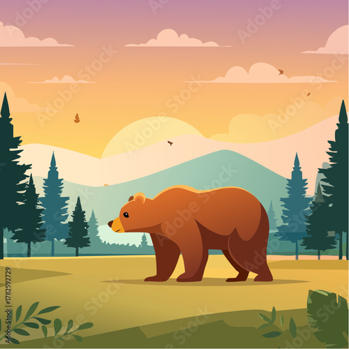 Jolie illustration d'un ours brun vue de profil, nature, coucher du soleil, montagnes, sapins