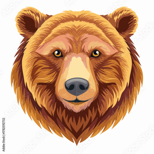 Jolie illustration d'un ours brun vue de face, portrait serré, isolé sur fond blanc