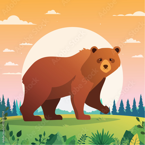 Jolie illustration d'un ours brun vue de profil, nature, coucher du soleil, montagnes, sapins
