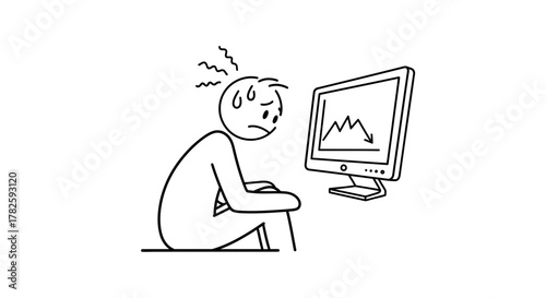 Cartoon stick figure of a stressed businessman looking at a falling financial graph on a computer screen.