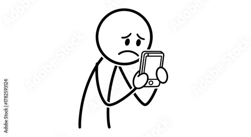 A stick figure with a sad expression looking at a smartphone.