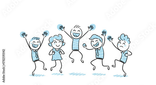 Hand-drawn stick figures expressing various emotions, with four happy and one sad, all holding glowing lightbulbs, symbolizing ideas or feelings.