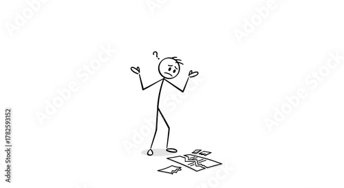 Foto A stick figure with a confused expression stands near scattered papers, unsure