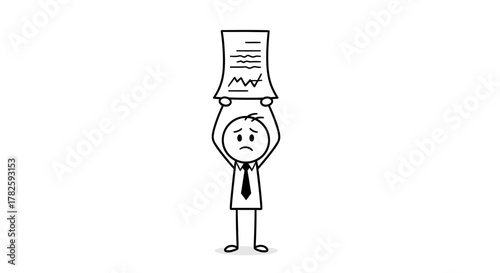 Sad stick figure holding a document with a graph above his head.