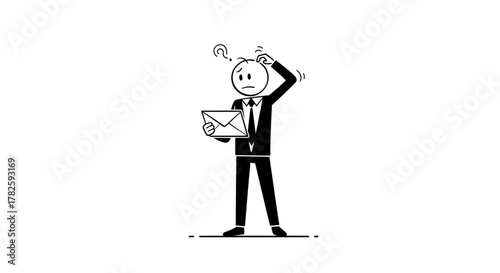 A confused businessman holding an envelope and scratching his head with a question mark above him.