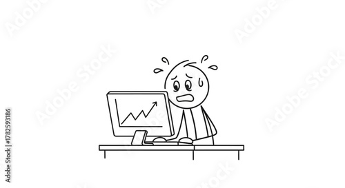 A stick figure is looking at a computer screen with a graph, appearing stressed and worried.