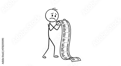 Cartoon stick figure man looking worried and stressed while reading a very long bill or list.