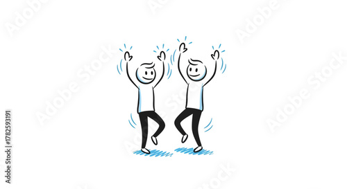 Two stick figures joyfully dancing with their arms raised in celebration.