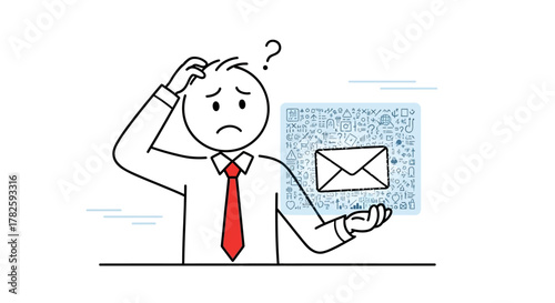 A confused stick figure with a question mark above its head, looking at an email icon.
