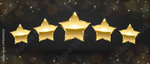 Five golden stars on dark background with sparkles and bokeh, Top quality concept, Rating golden stars gradient icon vector illustration.