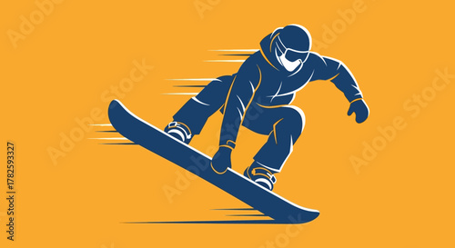 Stylized vector illustration of a snowboarder in motion with speed lines on an orange background.