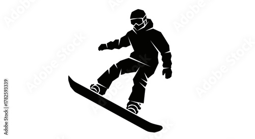Silhouette of a snowboarder in action on a snowy slope, captured mid-turn with dynamic movement.