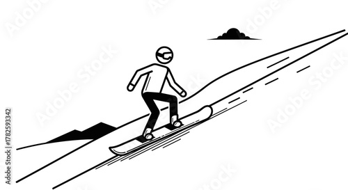 A simple black and white line art illustration of a person snowboarding down a snowy mountain slope.