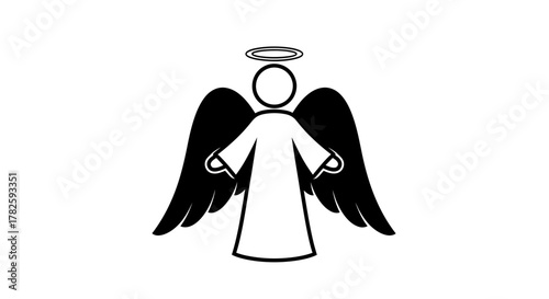 A simple black and white illustration of an angel with a halo and wings, representing spirituality.