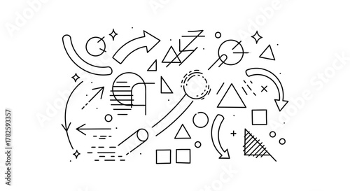 Abstract background with a chaotic composition of various geometric shapes, arrows, and lines in a minimalist outline style.