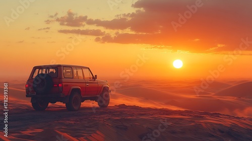 Toyota Land Cruiser parked on the edge of a desert dune the sun setting behind it casting long shadows on the sand its robust frame standing out against the barren golden landscape
