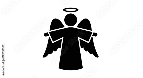 A simple black silhouette of an angel with outstretched arms and a halo.