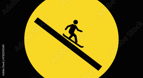 Prohibition sign for skiing, featuring a skier figure on a yellow background, indicating no skiing allowed.
