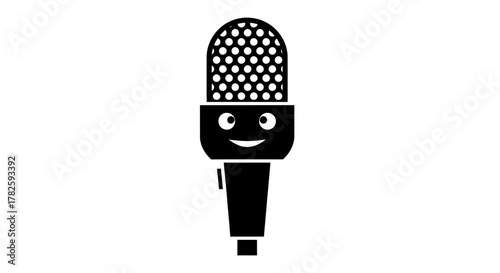 A black and white illustration of a cartoon microphone with a happy face.