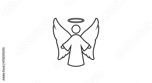 A simple black and white line art drawing of an angel with outstretched wings and a halo above its head, representing spirituality and peace.